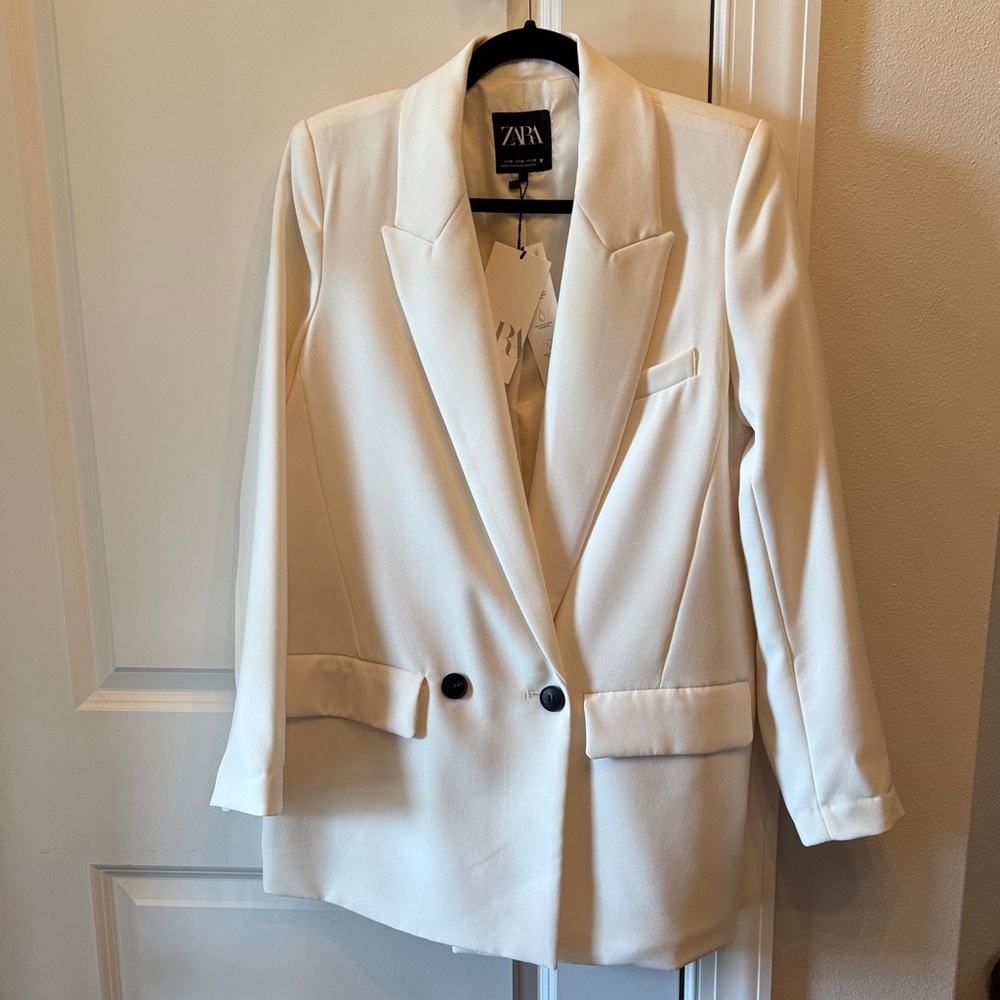 ZARA Cream Double-Breasted Tailored Blazer